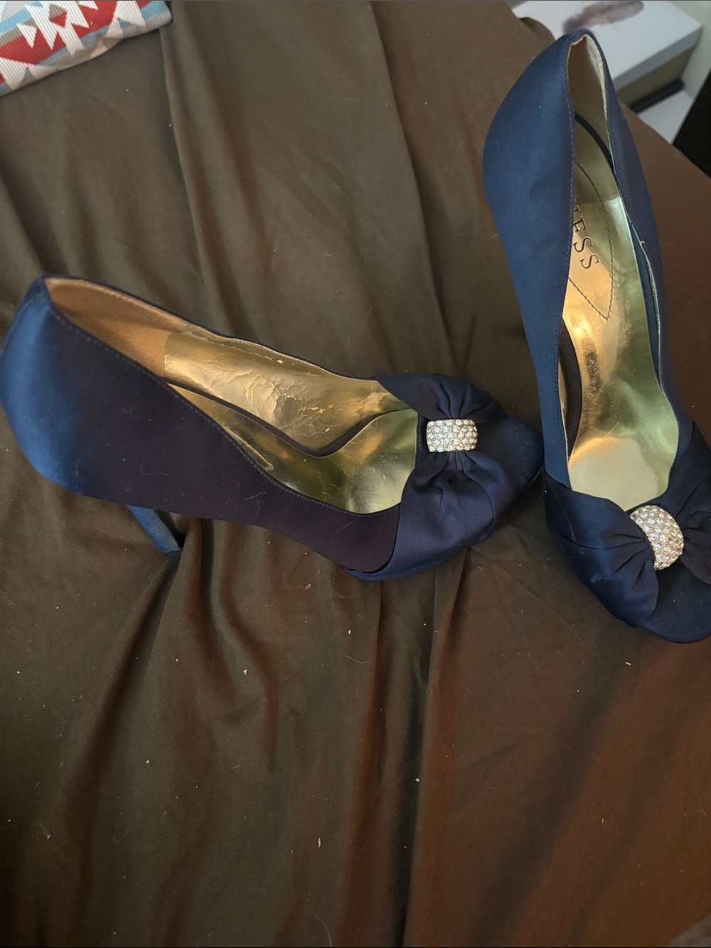 Guess Navy Satin Peep-Toe Heels with Rhinestone Knot